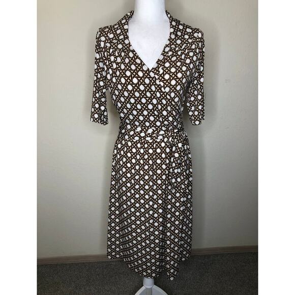 Talbots Faux Wrap Dress in Brown and White Weave Print Retro US 4 - Picture 16 of 16